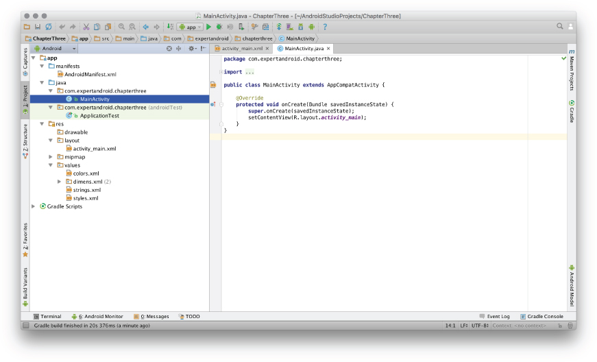 Display of First Project View in Android Studio screen.