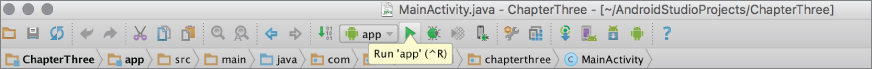 Screen showing Android Studio toolbar Run ‘app’ button.