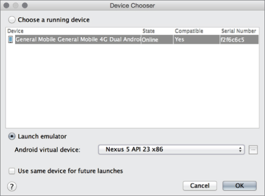Display of Launch emulator option in the Device selection window.