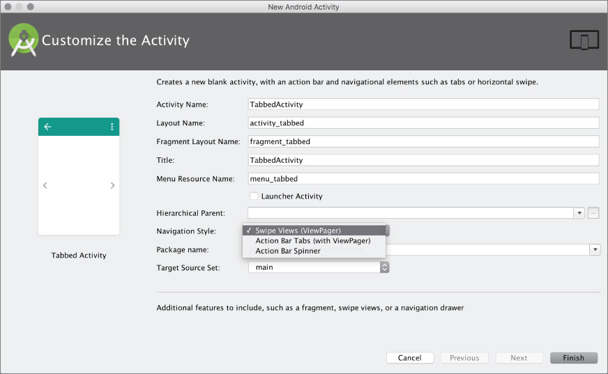 Display of Tabbed Activity customization window.