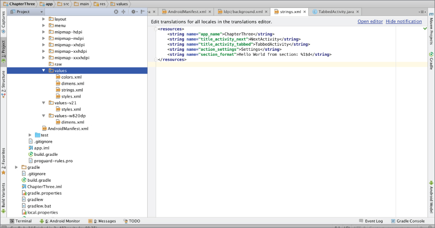 string.xml and the values folder content window.