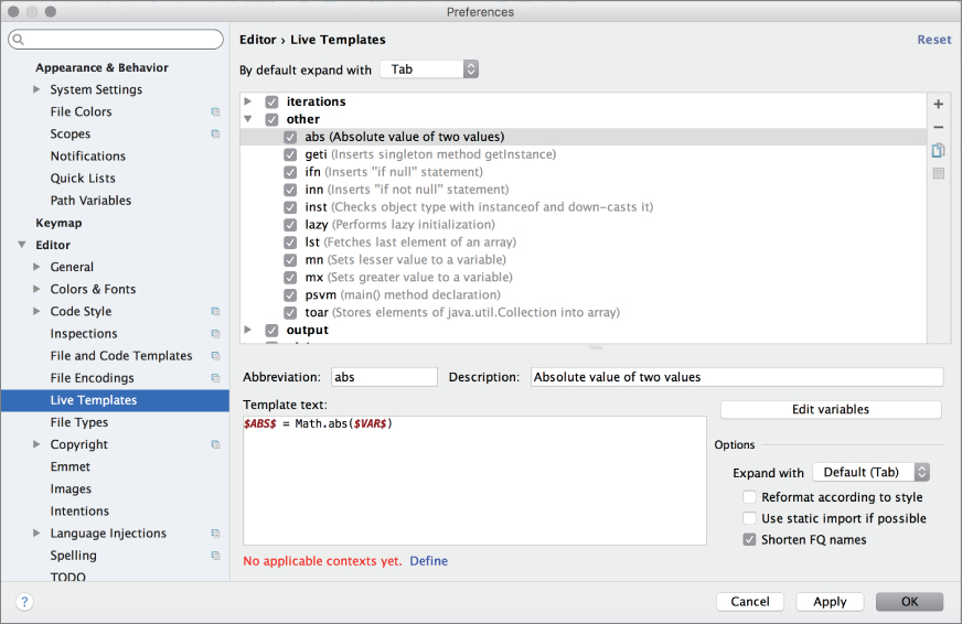 Screenshot showing how to add a Live Template.