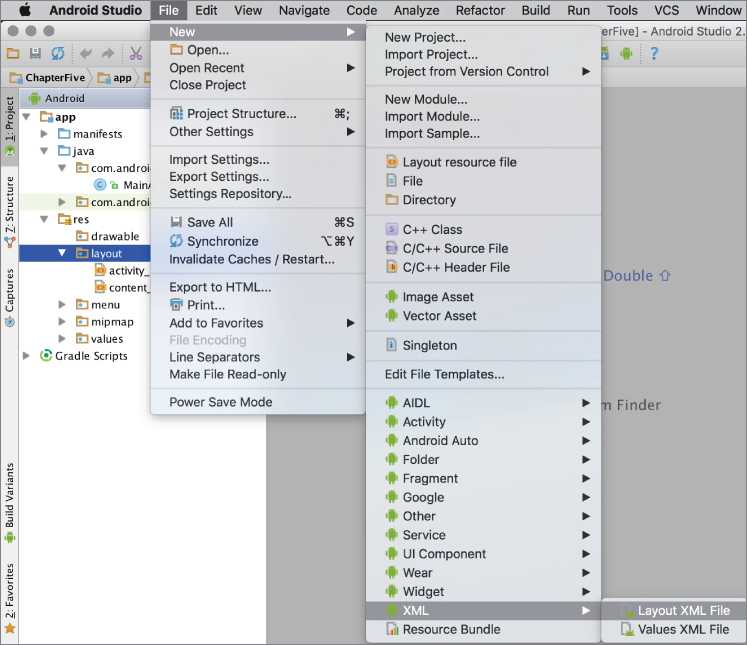 Screenshot showing how to add a new layout in Android Studio.