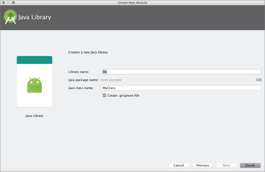 Java Library module configuration screen.