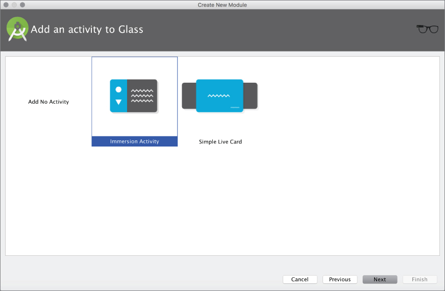 Glass module activity selection screen.