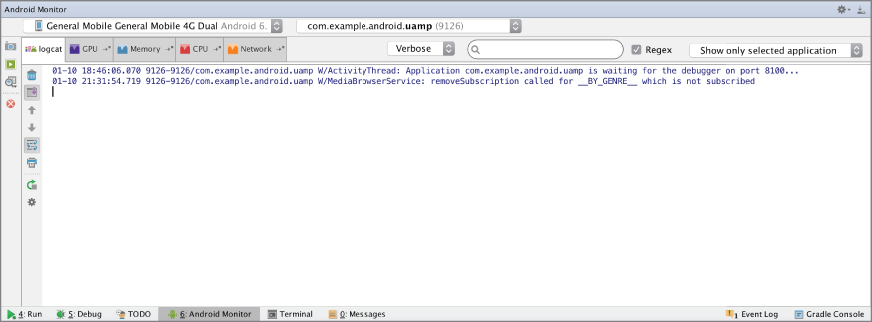 Screenshot showing  how to add Android Monitor tabs.