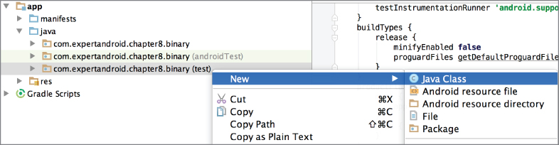 Screenshot showing how to create a new class in the tests folder.