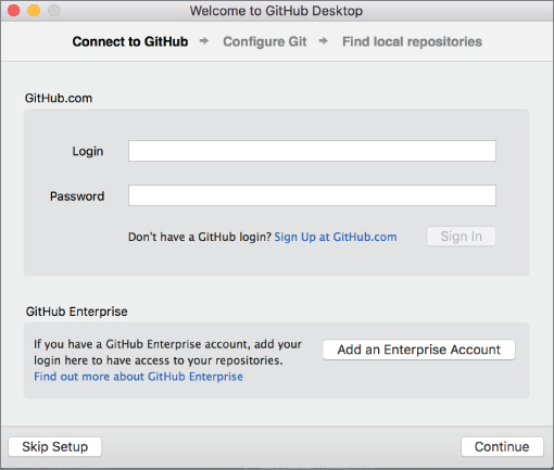 Screenshot showing how to connect to GitHub.