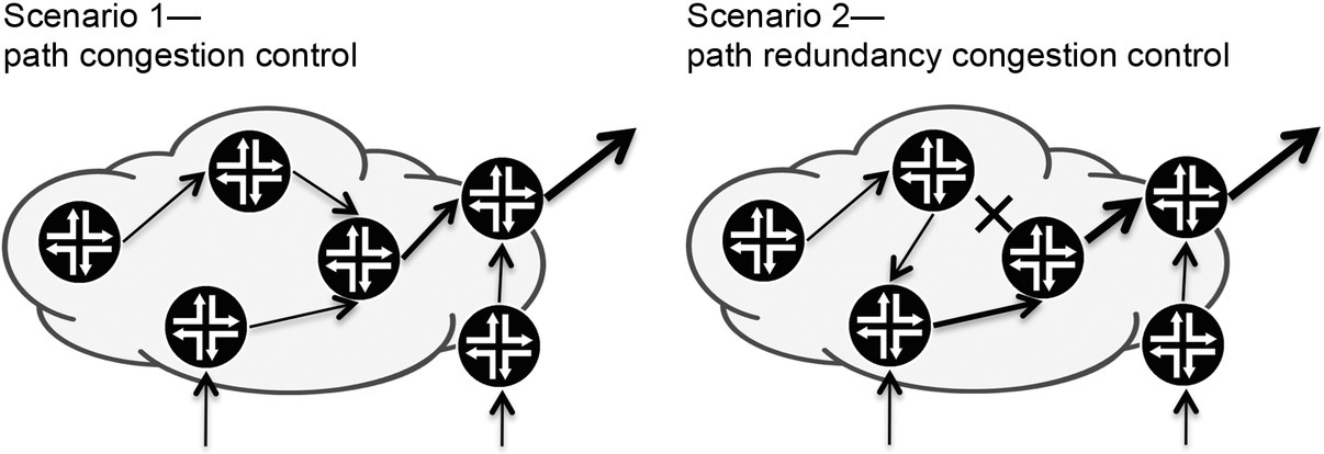 Schematic of different traffic paths between routers. The traffic paths are represeted by three different shades of black. Dotted line represents Higher Traffic Load. One set of routers are placed under Scenario 1 (path congestion control) and the second set of routers are placed under Scenario 2 (path redundancy congestion control).