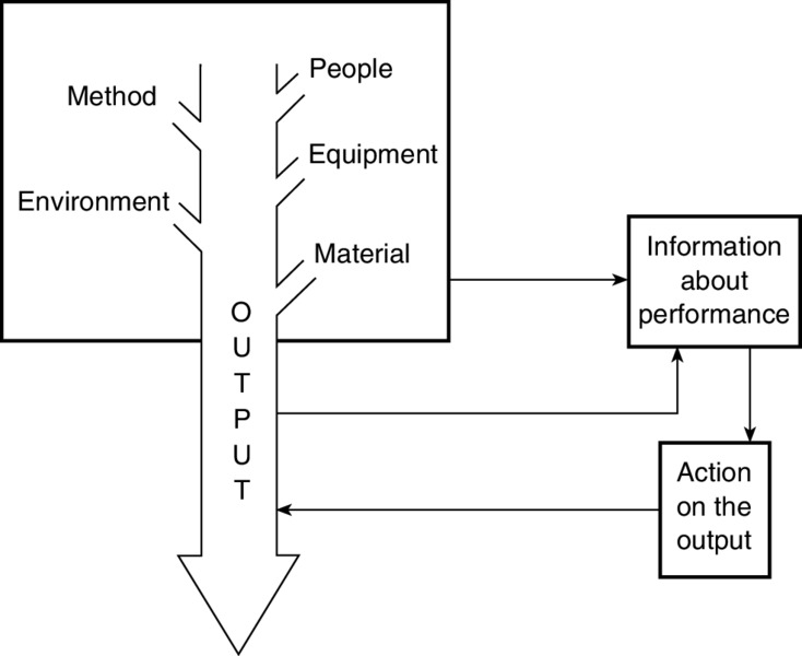 Diagram shows a block containing method, environment, people, equipment and material along with an arrow depicting output. It is also connected to blocks such as performance information and action on the output.