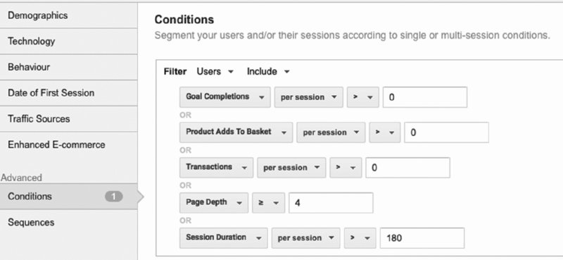 Screenshot shows Conditions tab selected from the side menu. It includes options to segment the users according to goal completions, product adds to basket, transactions, page depth and session duration. 