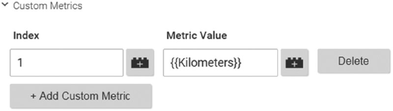 Screenshot shows Custom Metrics field which includes Kilometers as the metric value with index 1 along with Add Custom Metric and Delete buttons.