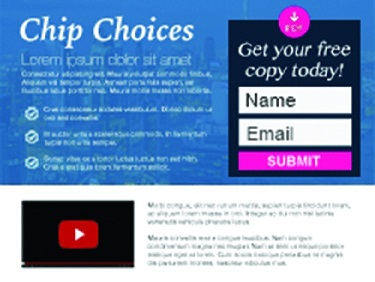 Screenshot shows a webpage titled as Chip Choices which contains a video in the bottom section and registration form on the right that includes textfields for name and email as well as a Submit button.