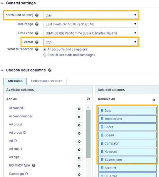 Screenshot shows unit of time as day and format as CSV in general settings and available columns and selected columns in Attributes tab of Choose your columns section.