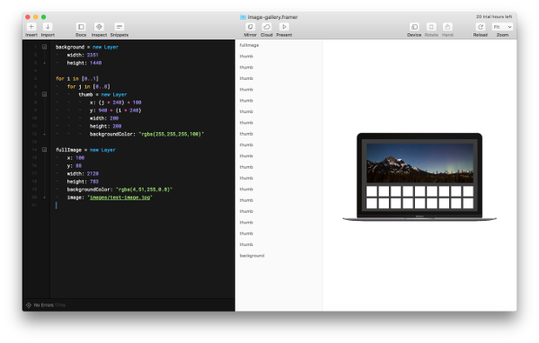 The ability to create and manipulate elements with CoffeeScript in Framer makes creating multiple thumbnails in this basic image gallery prototype fast and easy.