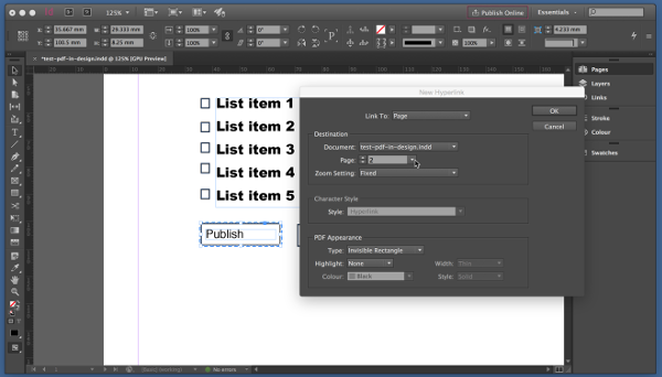 Adding a hyperlink to a button object in another page in InDesign