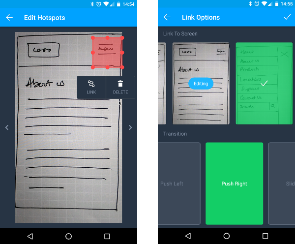 Adding a hotspot to link a page to another page in a sketch-based prototype that is created on an Android phone using Marvel
