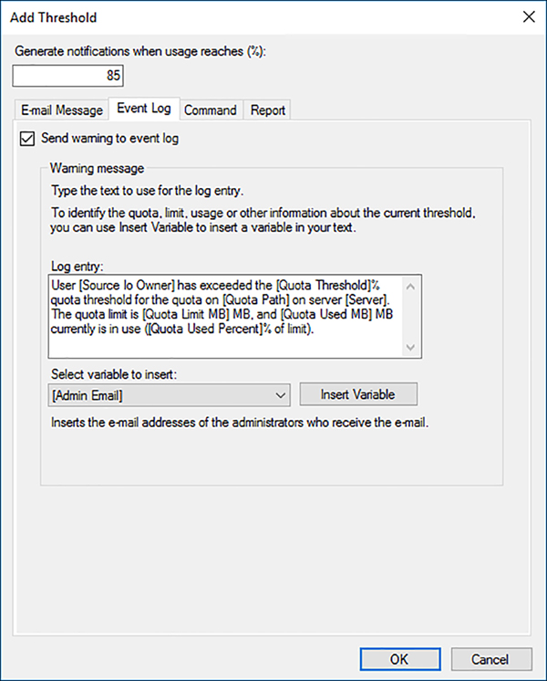 A screen shot shows the controls used to configure Event Log entries created when quota thresholds are exceeded.