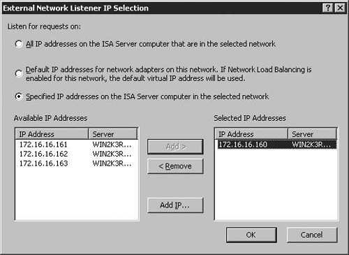 The External Network Listener IP Selection dialog box