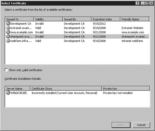 The Select Certificate dialog