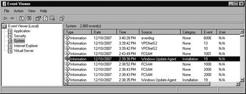 System Log in Event Viewer in Windows XP