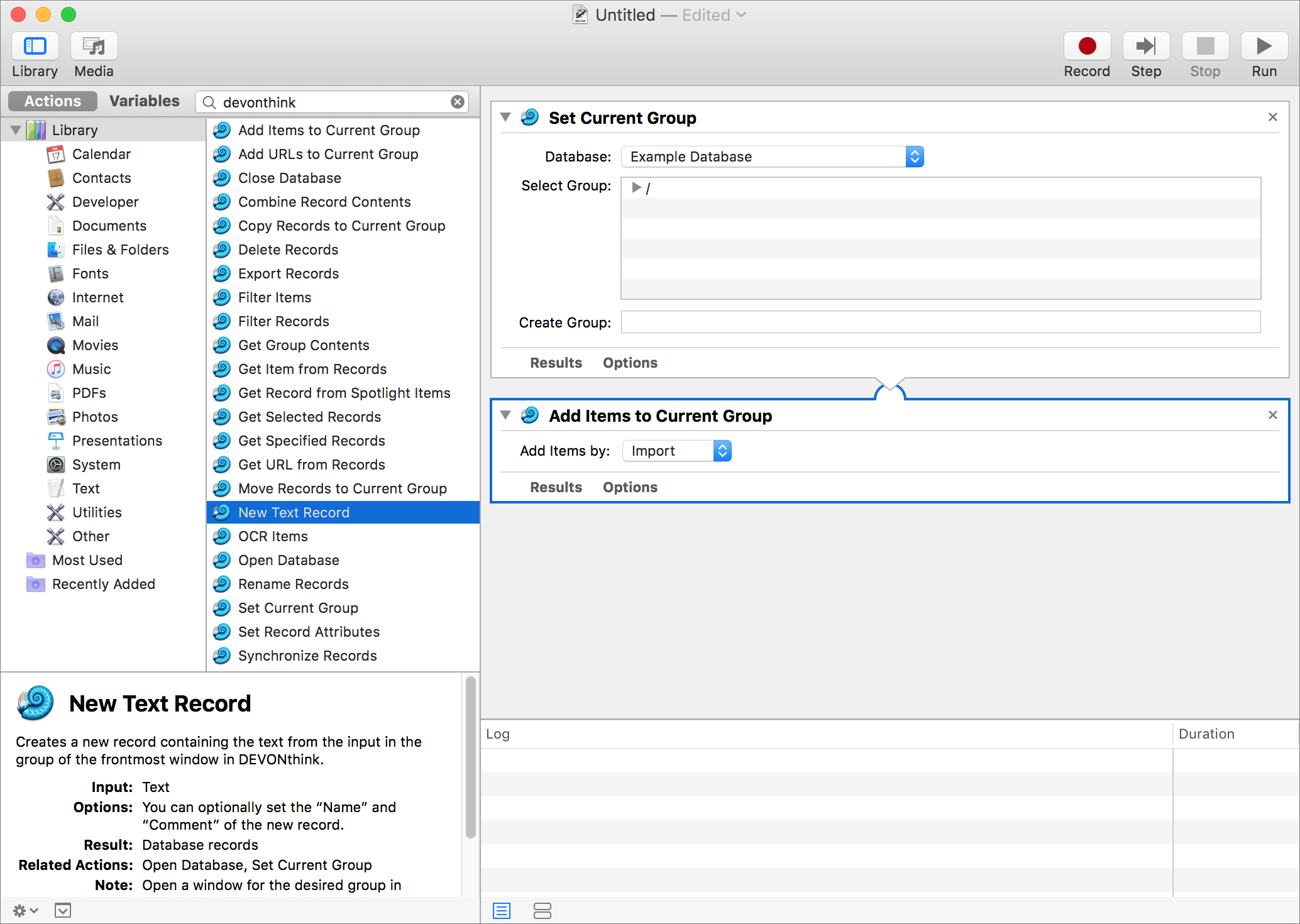 **Figure 67:** Search for `devonthink` to find all the Automator actions DEVONthink provides.