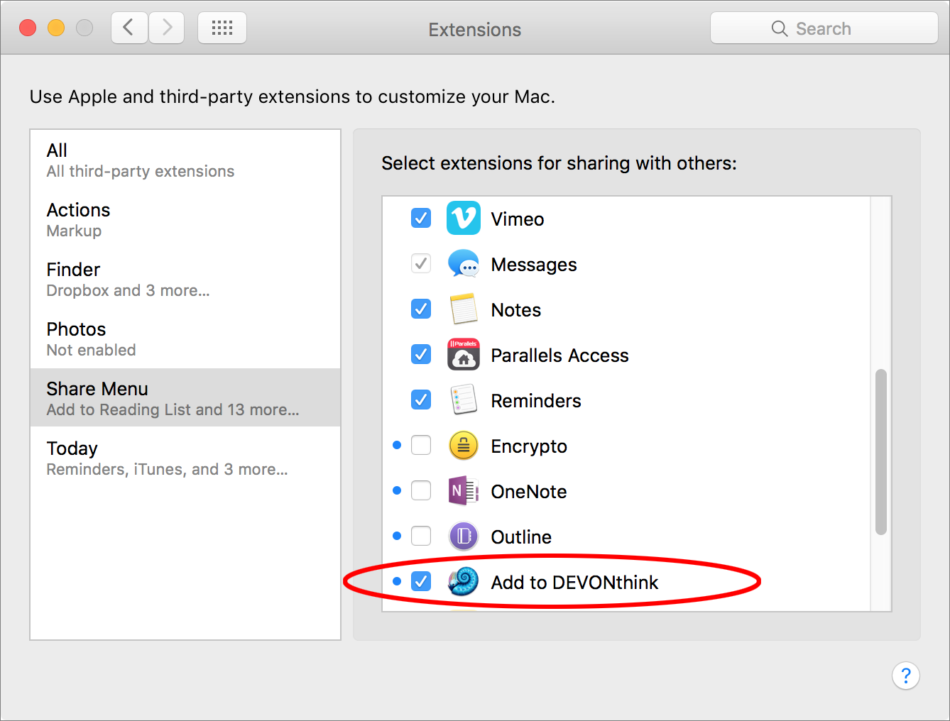 **Figure 35:** Select this checkbox to include the Add to DEVONthink command on your Share menus.