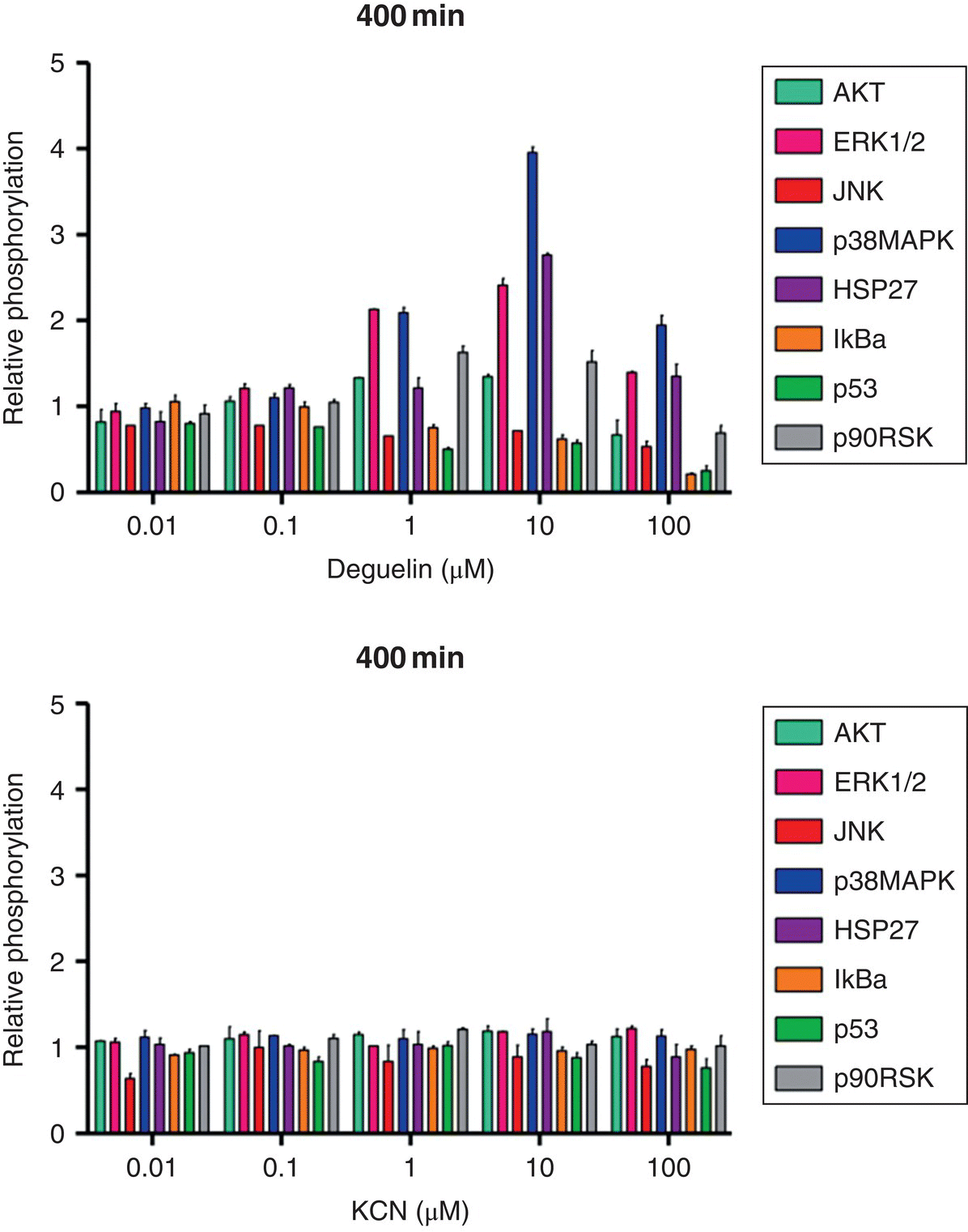 Graphs of relative phosphorylation vs. deguelin (top) and KCN (bottom) depicting bars representing for AKT,ERK1/2, JNK
p38MAPK, HSP27, IkBa, p53, and p90RSK.