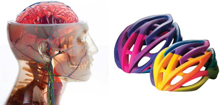 Digital schematic capture of medical model and bicycle helmets produced by droplet 3D printing.
