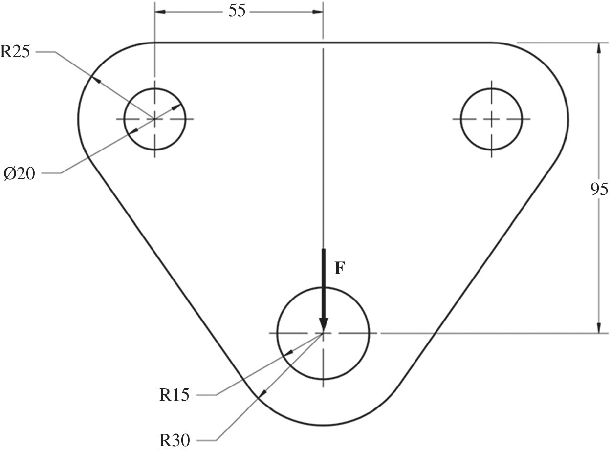 Plate with holes illustrated by inverted triangle with rounded corner containing 3 circles with arrows labeled R25, ∅20, R15, R30, and F and 2 double-headed arrows labeled 55 (horizontal) and 95 (vertical).