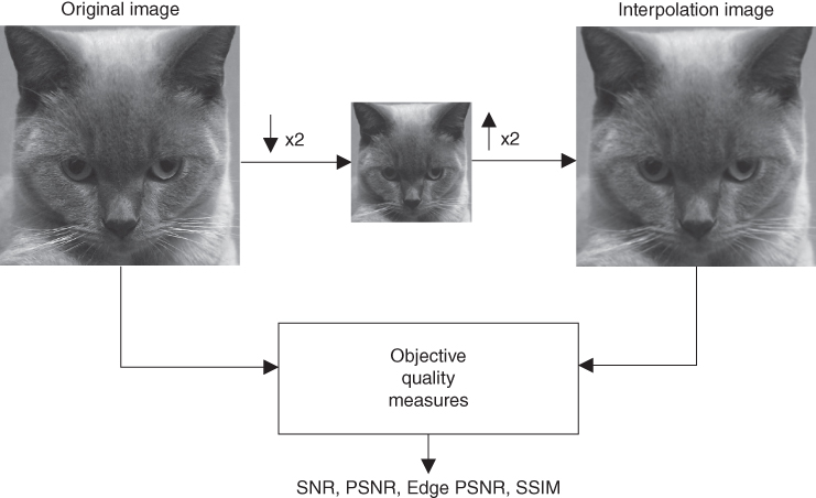 Flow diagram from images of a cat labeled original image to interpolation image. Both images have arrows to a box labeled objective quality measures, which has an arrow to SNR, PSNR, edge PSNR, and SSIM.