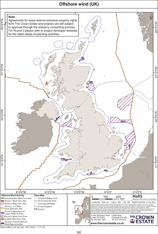 Map depicting the offshore wind farms around the United Kingdom, with shaded areas and lines representing territorial waters limit, round 1 wind farm side, Scottish wind farm site, etc.