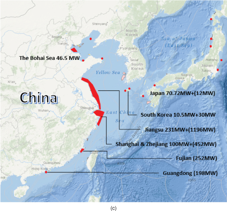 Map depicting the developments in China, Korea, Japan, and Taiwan with areas marked in discrete shades representing demonstration wind farm site, territorial waters limit, UK continental shelf, etc.