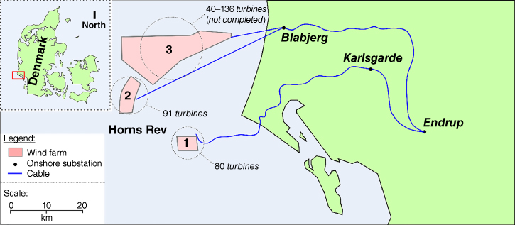 Aerial layout of Horns Rev wind farm marking Blabjerg, Karlsgarde, and Endrup. 