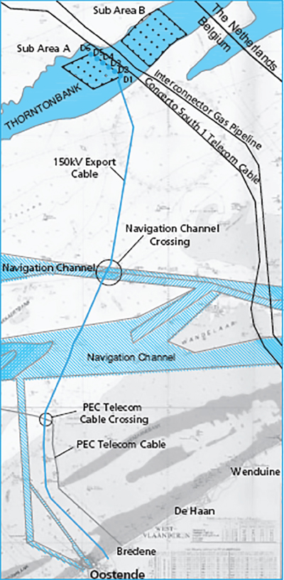 Map of the Thornton Bank wind farm illustrating the two subareas (A and B), circle markers for 150kV Export Cable and PEC Telecom Cable Crossing, and marking 150kV Export Cable, Navigation Channel, PEC Telecom Cable, etc.