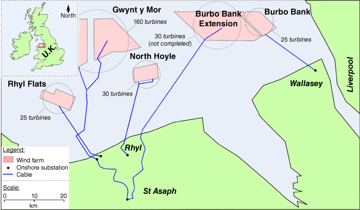 Layout of the location of the Burbo wind farm marking Rhyl Flats, Gwynt y Mor, North Hoyle, Rhyl, St Asaph, Burbo Bank Extension, Burbo Bank, Wallasey, and Liverpool.