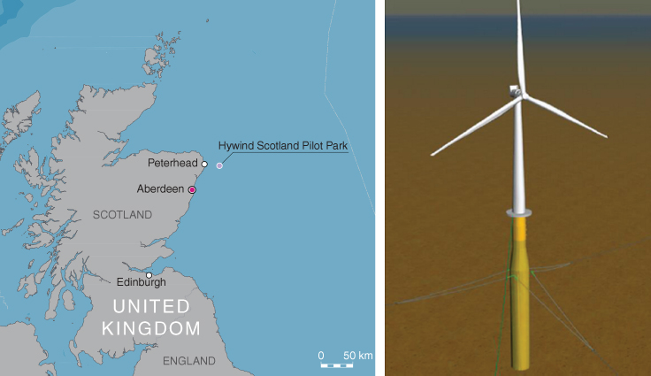 Map depicting the location of Hywind Scotland Pilot Park (left) and 3d illustration of a turbine (right).