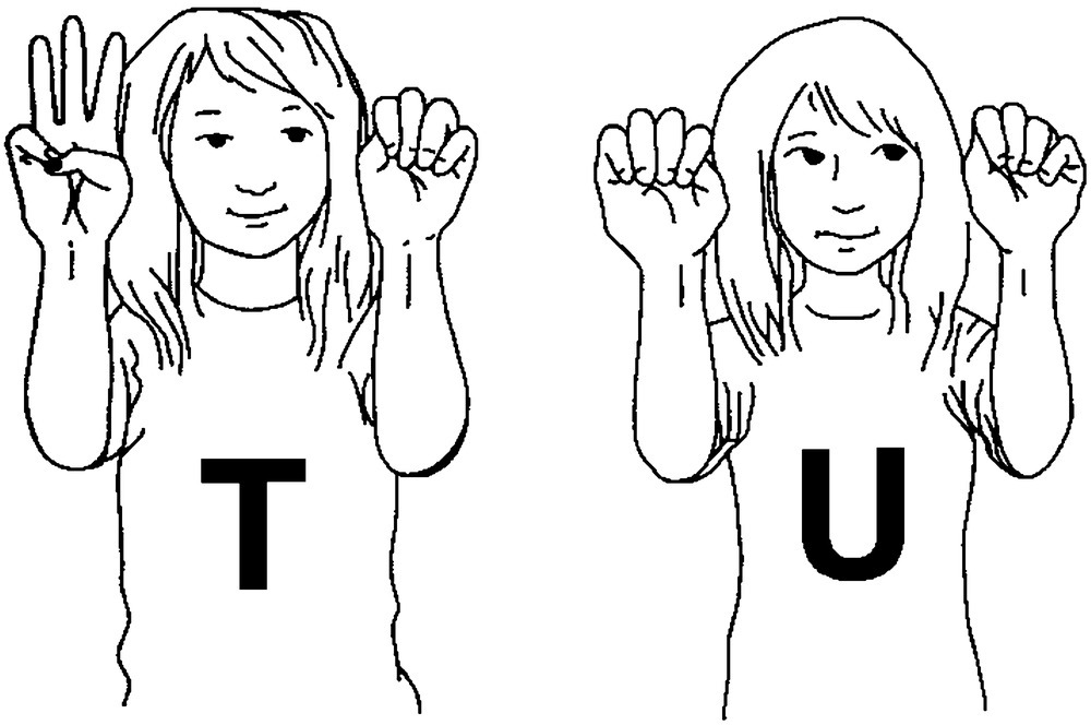 Left: Drawing of a girl raising 3 fingers on her right hand and her left hand clenching a fist. Right: Drawing of a girl clenching 2 fists.