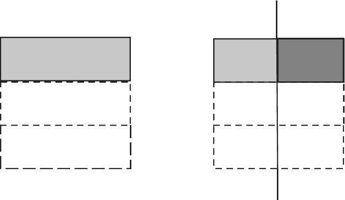 Two schematics illustrating multiplying fractions, displaying 1/3 squares (left) and 2/6 squares (right).