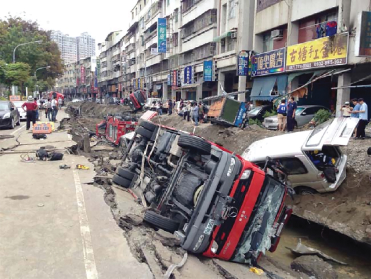 Havoc caused by the Kaohsiung gas explosion in Taiwan (2014), displaying destroyed vehicles along the large cracks of a road.