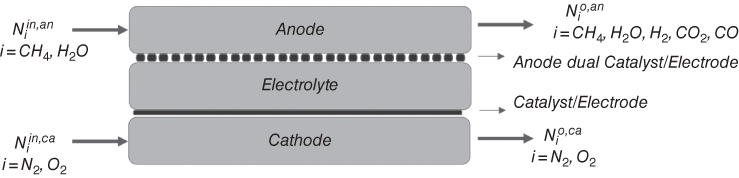 Schematic Diagram of a DIR SOFC Cell depicted by 3 piled rounded rectangles labeled anode, electrolyte, and cathode (top-bottom), having rightward arrows labeled Niin,an i=CH4, H2O, Niin,ca i=N2, O2, etc.