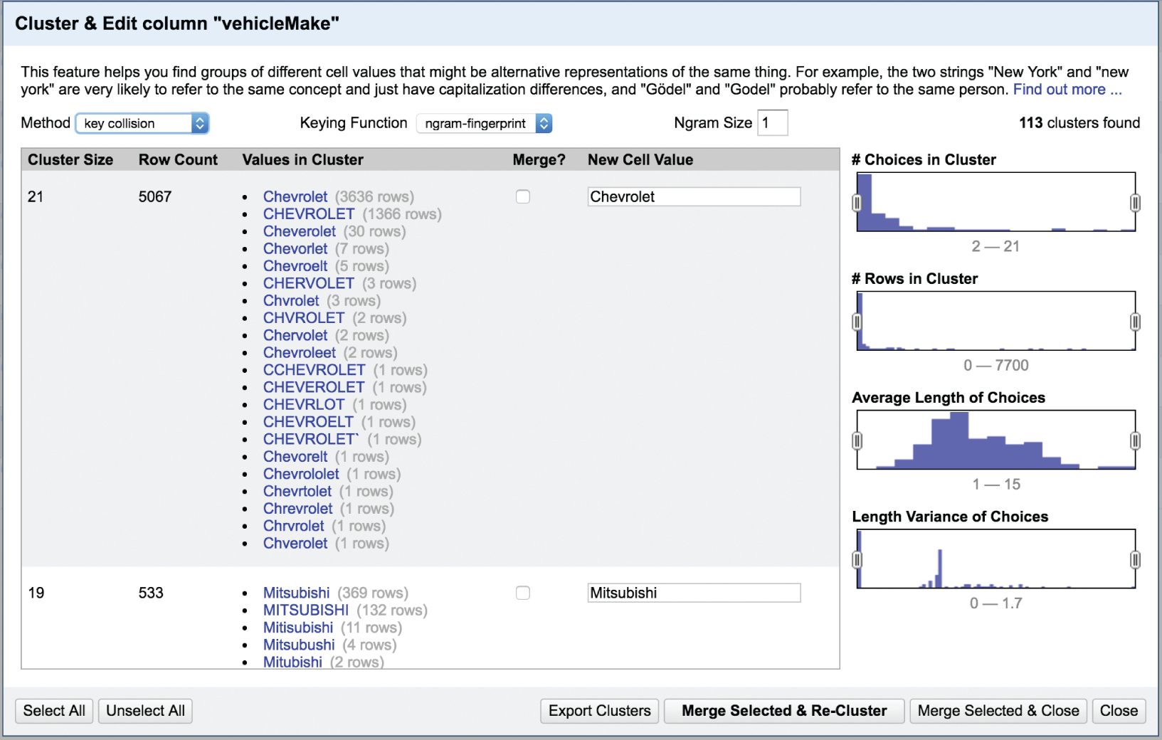 Screenshot of the Cluster and Edit column “vehicleMake” dialog box presenting the clustering of vehicle make names.