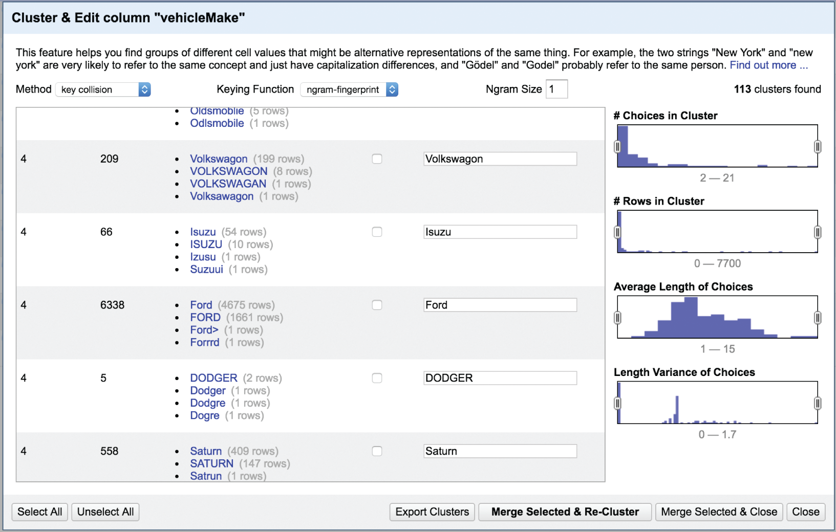 Screenshot of the Cluster and Edit column “vehicleMake” dialog box presenting the imperfections in the recommendations of the clustering algorithm.