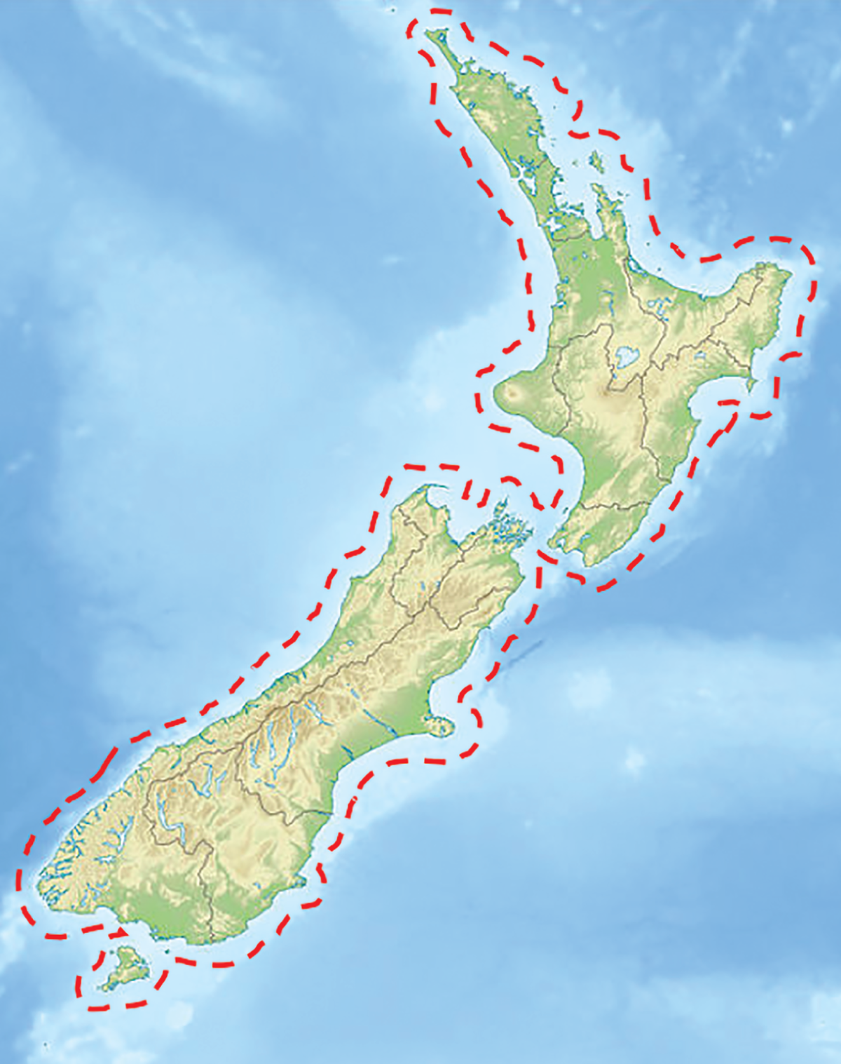 Map image depicting an  imagined circumnavigation of the New Zealand island pair.