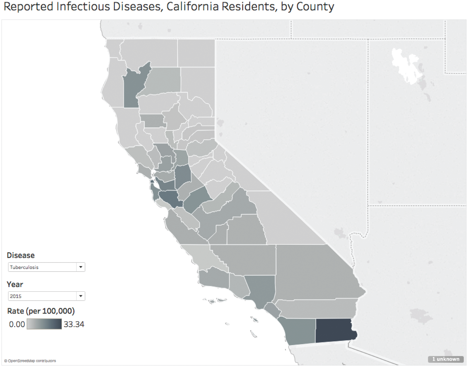 Choropleth map reporting tuberculosis infections in California residents, by county, in the year 2015.