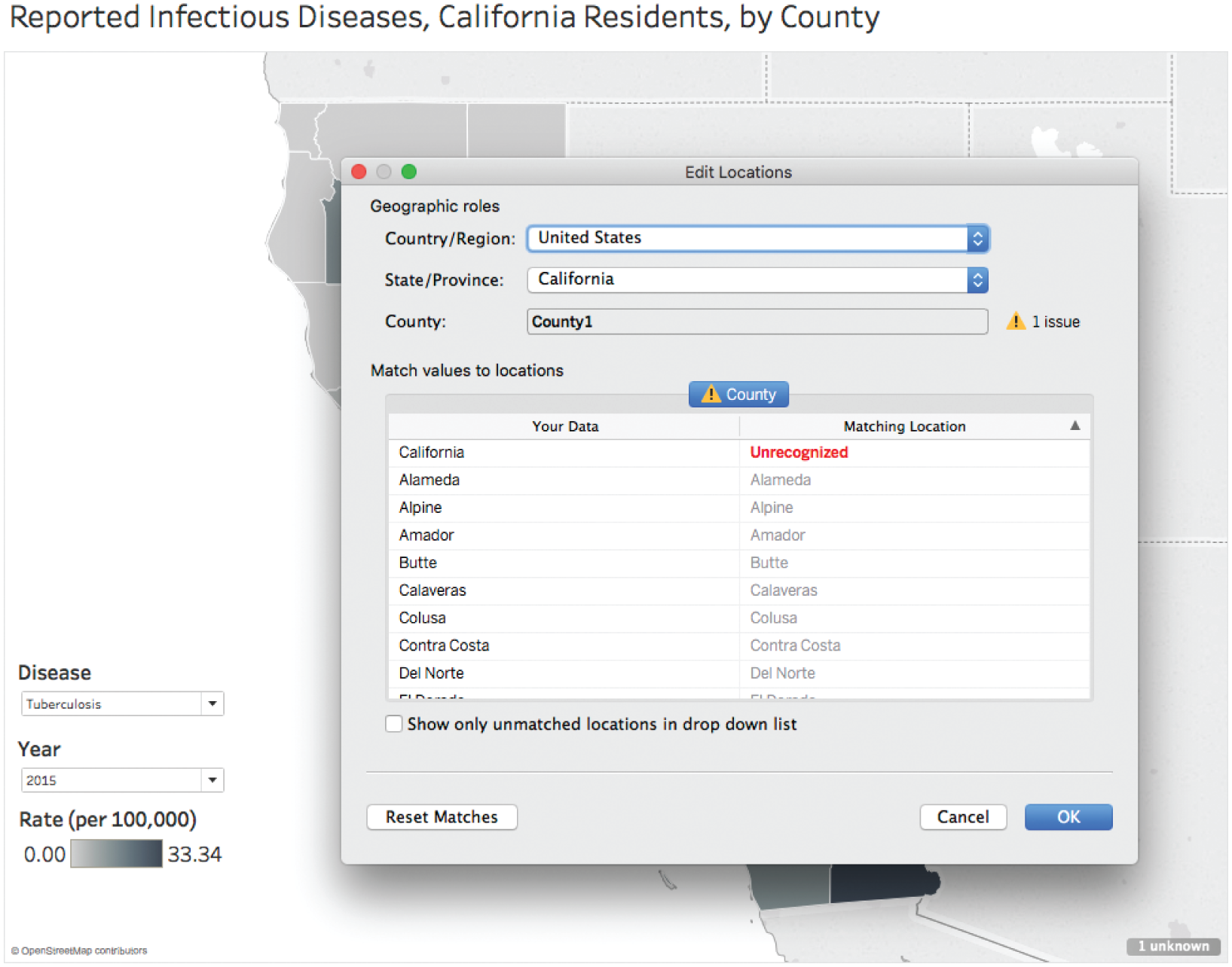 Choropleth map reporting tuberculosis infections in California residents, with a pop-up of geographic roles, with a row for each disease and year combination for each county.