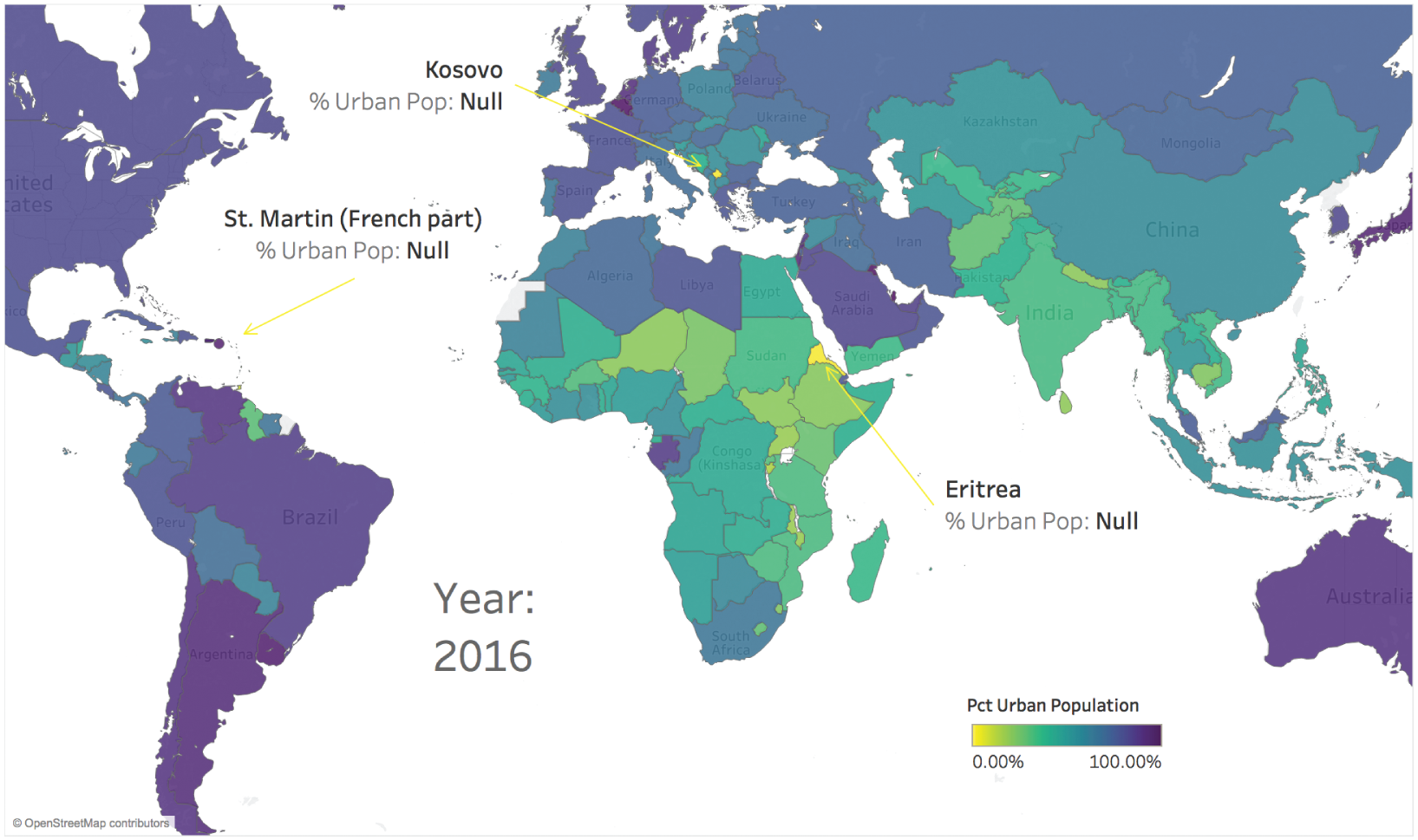 Map depicting the percent of urban population in 2016, all countries included.