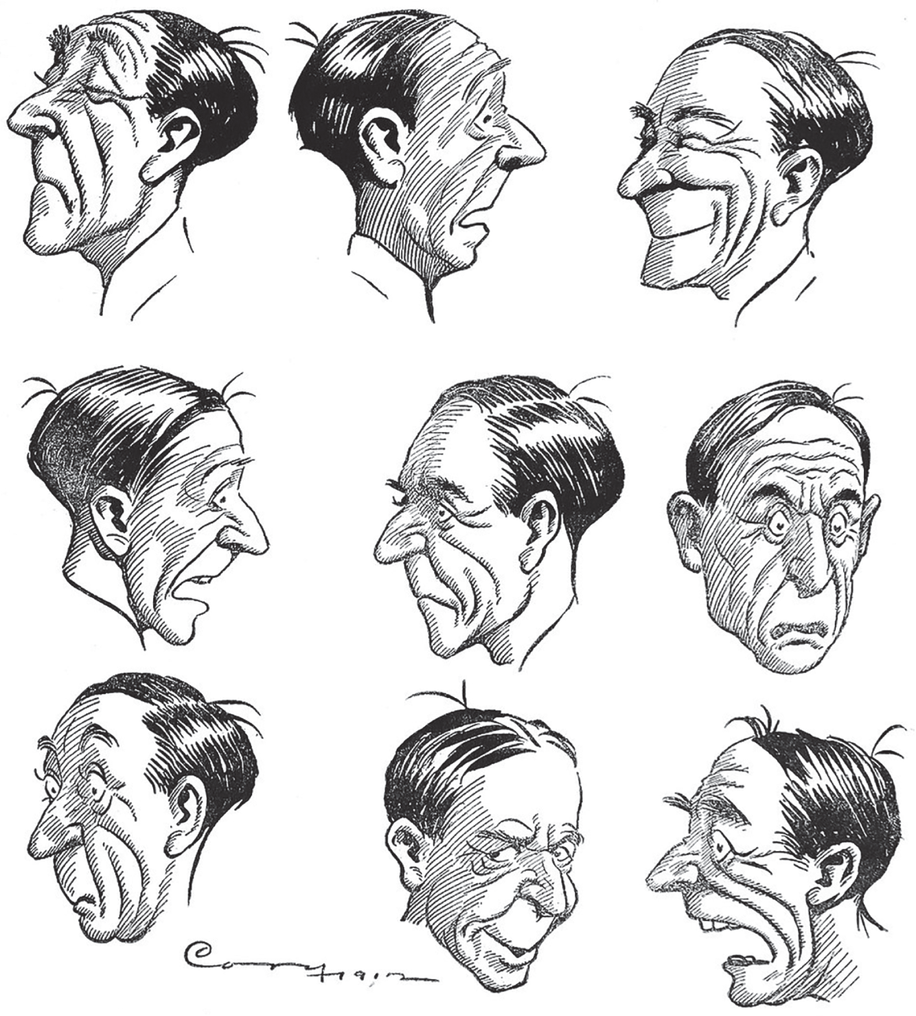 Cartoon illustration depicting nine types of facial expressions of a person's emotions.