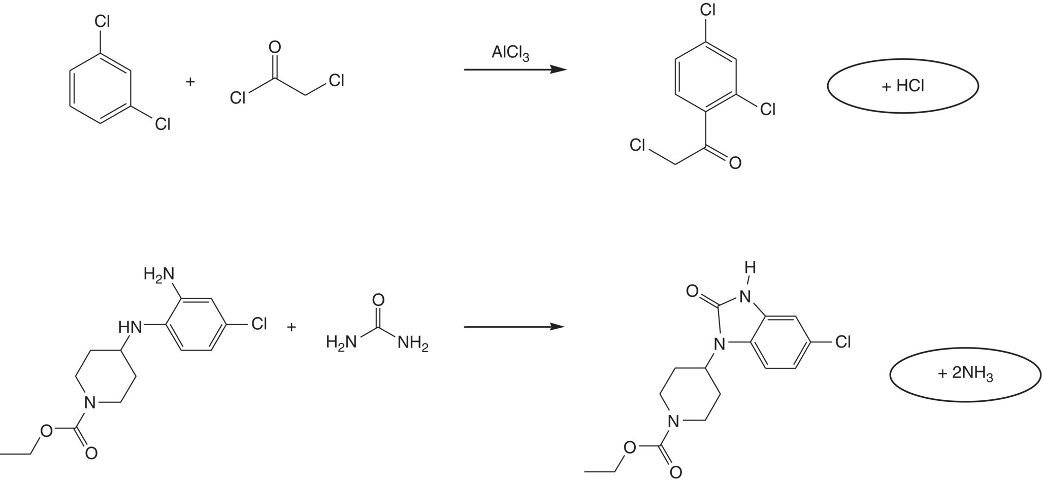 Two synthetic reactions generating reactive gasses: + HCl (top) and + 2NH3 (bottom).