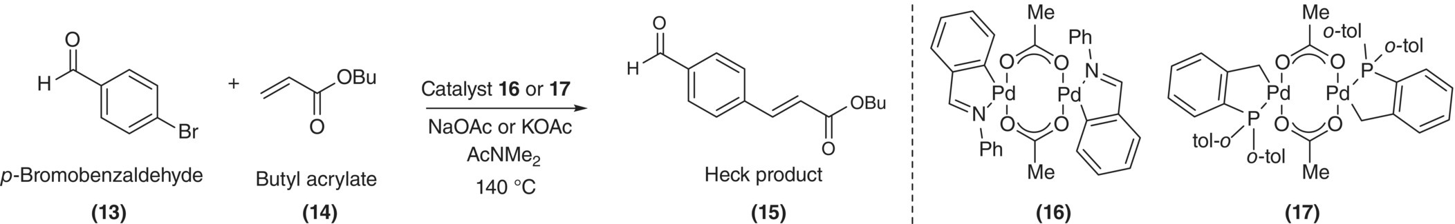 Reaction schematic starting from p-bromobenzaldehyde (13) and butyl acrylate (14) leading to a Heck product (15) involving catalyst 16 or 17, NaOAC or KOAc, AcNMe2. Skeletal formulas of catalysts 16 and 17 are at the right.